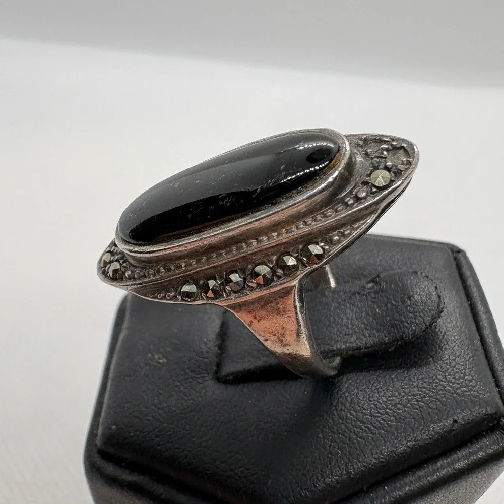 Vintage 925 Sterling Silver Black Onyx Marcasite Navette Ring Art Deco Size 5.5